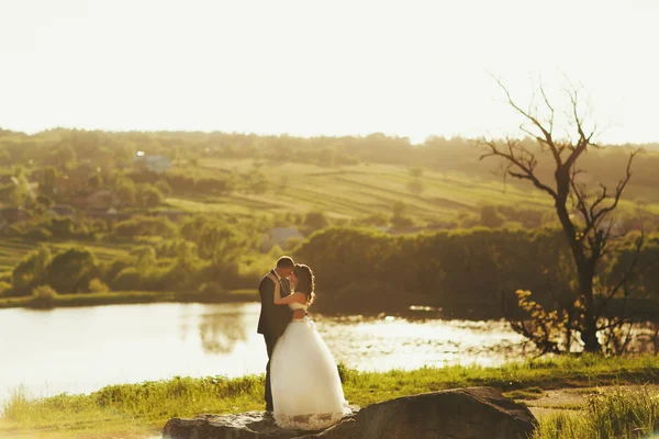 Frisch Verheiratete stehen ruhig auf dem Stein hinter einem See — Stockfoto
