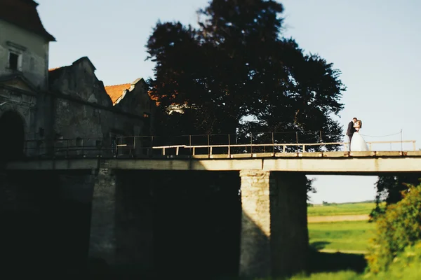 Os recém-casados estão na ponte que conduz ao velho castelo. — Fotografia de Stock