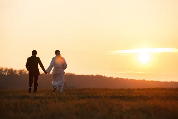 Just married couple walk towards a sunset — Stockfoto