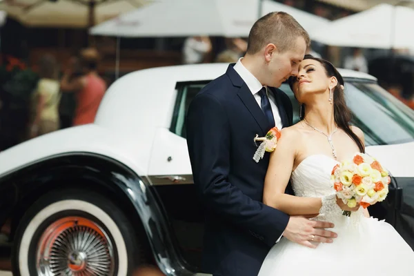 Bride and groom hugs — Stock Photo, Image