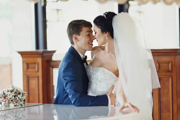 Bride touches groom's nose sitting on his knees — Stock Photo, Image