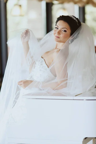 Красивая невеста держит вуаль в руках, пока она опирается на р — стоковое фото
