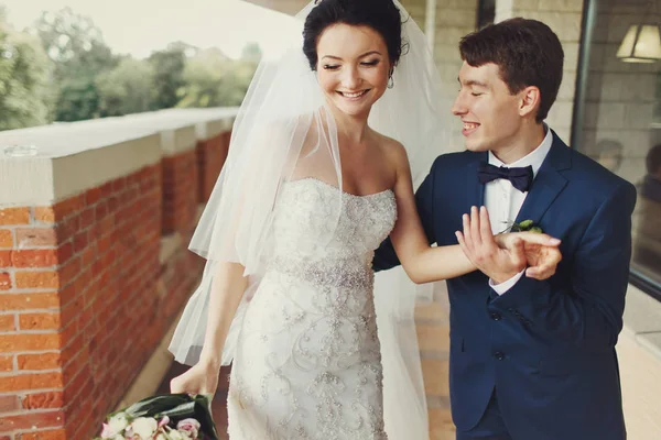 Жених держит невесту за руку и ведет ее по балкону. — стоковое фото
