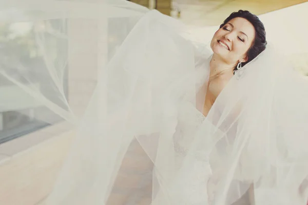 Невеста выглядит нежной, завернутой в вуаль. — стоковое фото