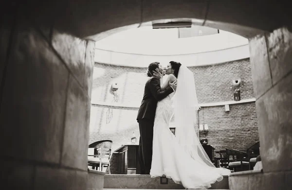 Bride holds groom's face in her arms kissing him in the tunnel — Stock Photo, Image