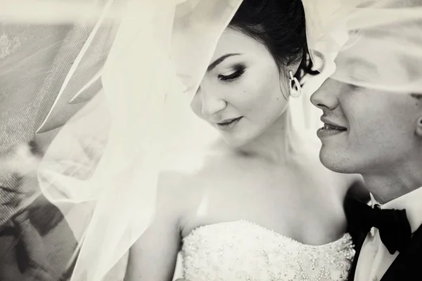 Braut blickt mit Bräutigam unter Schleier nach unten — Stockfoto