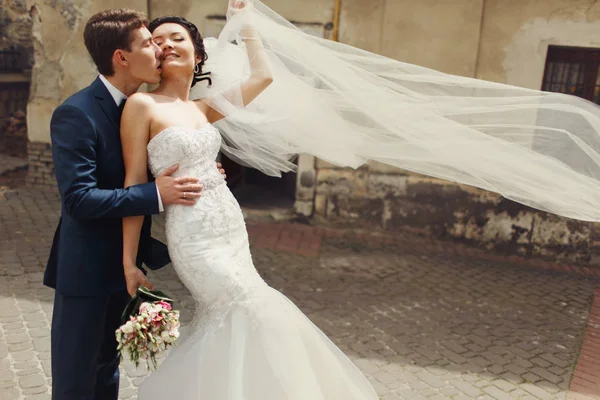 El viento sopla el velo de la novia mientras el novio la besa — Foto de Stock