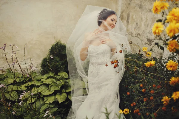 Uma imagem de uma bela noiva macia em pé entre o amarelo — Fotografia de Stock