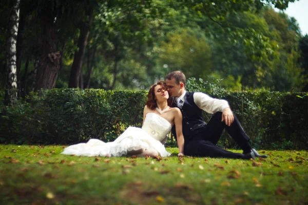Весільна пара сидить на землі — стокове фото