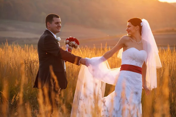 Sposa guarda oltre le sue spalle un fidanzato che gli tiene la mano — Foto Stock