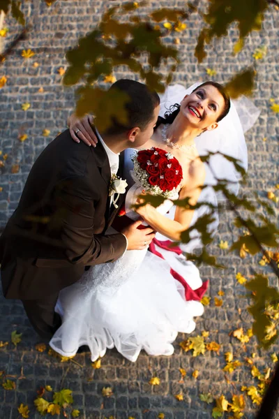 Sorrisi da sposa con il collo di un fidanzato e in piedi sotto un autum — Foto Stock