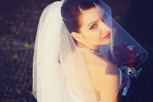 Bride looks over her shoulder  through a veil — Stock Photo, Image