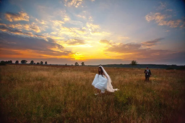 Brudgummen försöker fånga en brud på fältet under lysande himmel — Stockfoto