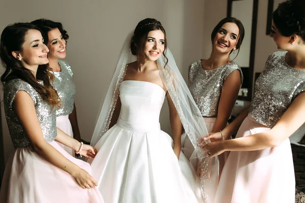 Schöne Braut und ihre schönen Brautjungfern — Stockfoto