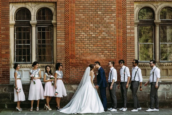 Beijo do recém-casado com os amigos — Fotografia de Stock