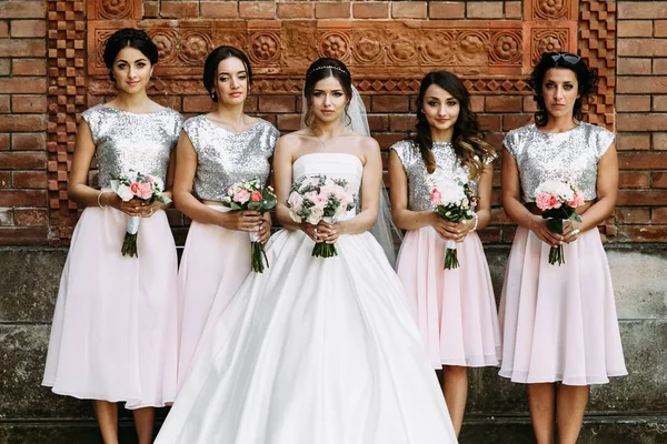 Okouzlující družiček v pěkné šaty a nevěsty — Stock fotografie