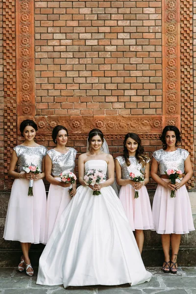 Noiva incrível no vestido de noiva com as damas de honra — Fotografia de Stock