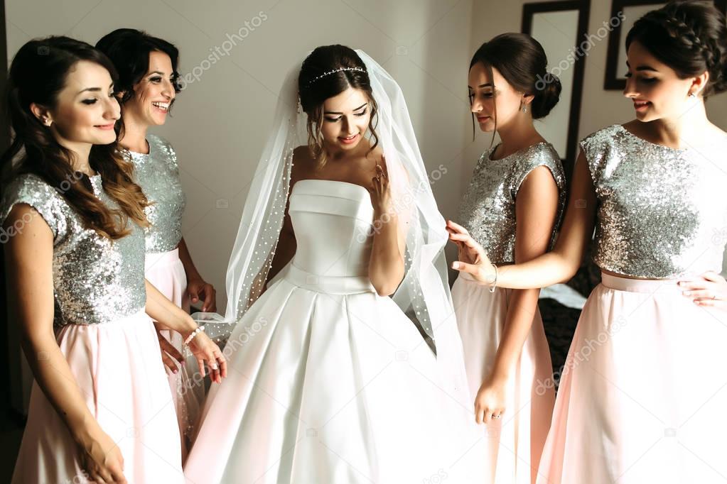 Bridesmaids and bride in the amazing dress
