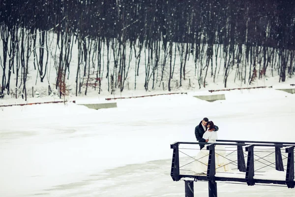 Noiva e noivo estão no final de uma ponte acima da neve — Fotografia de Stock