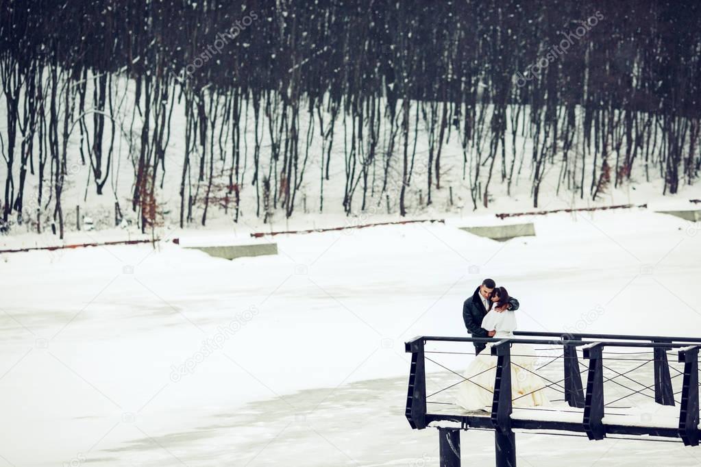 Bride and groom stand on the end of a bridge above the snowed up
