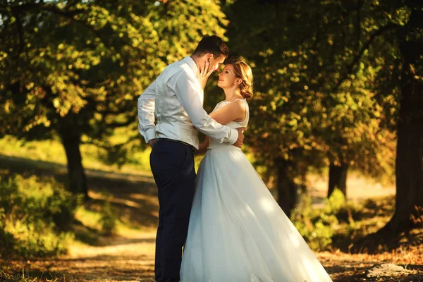 Par i kärlek promenader längs park — Stockfoto