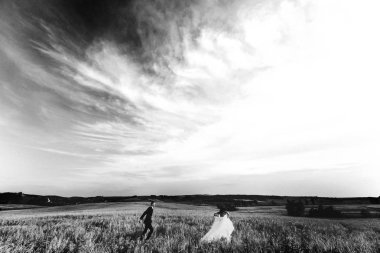Siyah beyaz resim harika gökyüzünün ve düğün çift üzerinde th