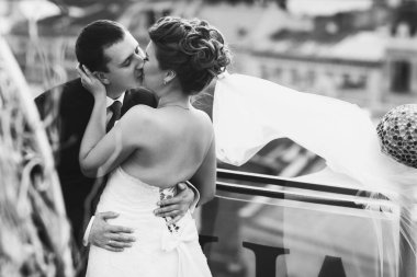 Gelin peçe Rüzgar darbeler uzakta iken damat onu öper 