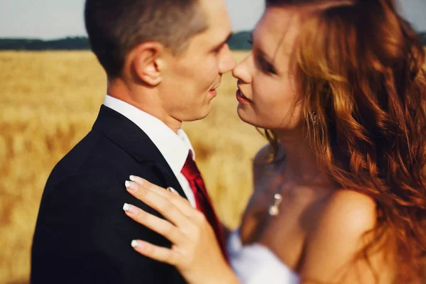 Bride reaches to kiss a fiance while wind blows her hair — Stock Photo, Image