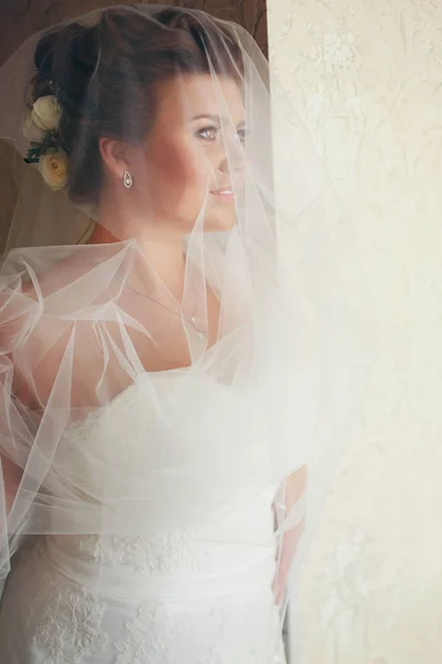 A brunette bride looks far away standing behind a window — Stock Photo, Image