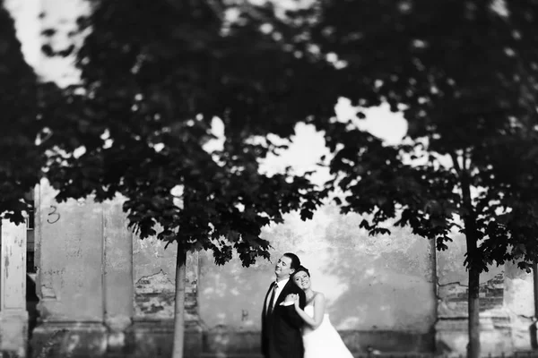 Brudgummen har brudens hand medan hon lutar sig till hans axel standin — Stockfoto