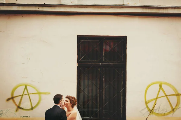 Молодята цілуються стоячи за стіною з графіті — стокове фото