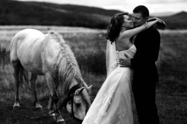 Beyaz atın th duruyor iken gelin damat şefkatle kisses