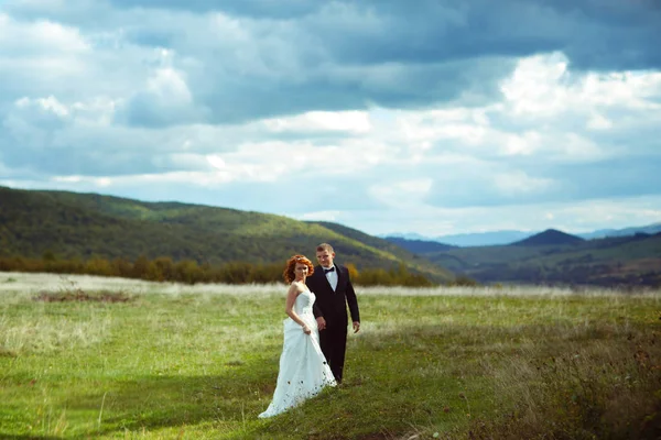 Impresionante pareja de boda posa en un campo verde entre los mountai — Foto de Stock