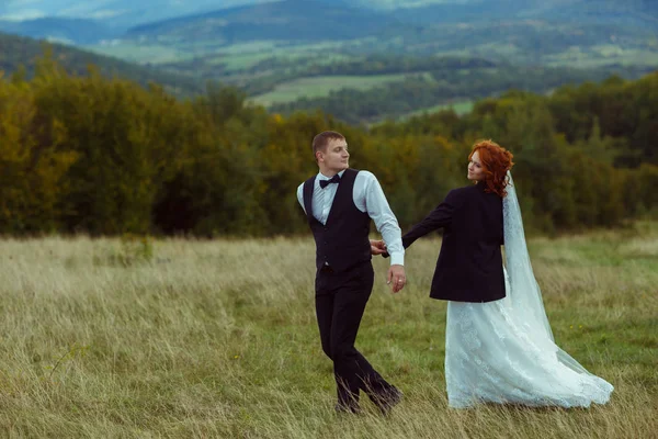 El novio sostiene la mano de la novia caminando con ella por el campo — Foto de Stock