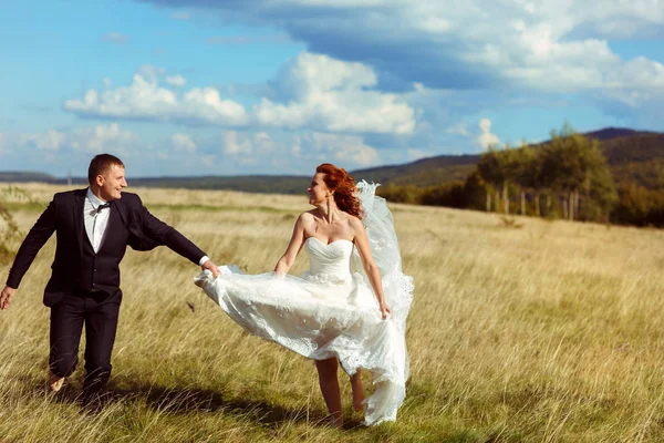 Novio sostiene vestido de novia mientras caminan por el campo — Foto de Stock