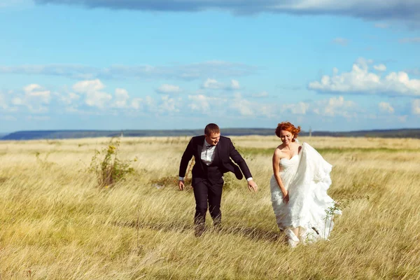 Mariée marche à travers le champ tenant sa robe dans les mains — Photo