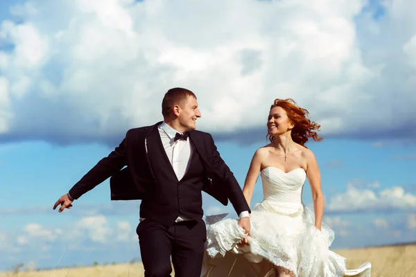 Feliz casamento casal caminha através do campo contra o vento hol — Fotografia de Stock