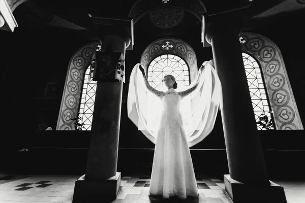 Bruden ser ut som en ängel sprida sin slöja framför en b — Stockfoto