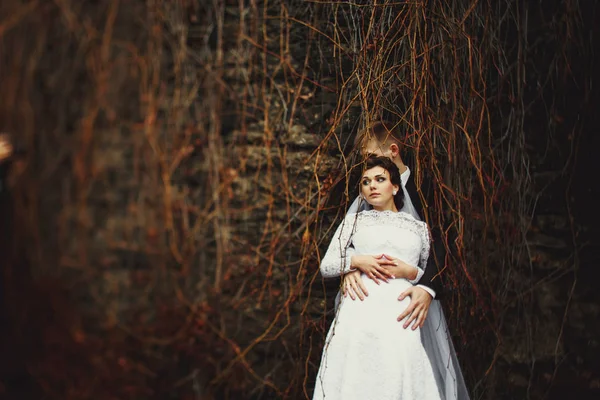 Жених обнимает невесту сзади, стоящую под сухим плющом — стоковое фото