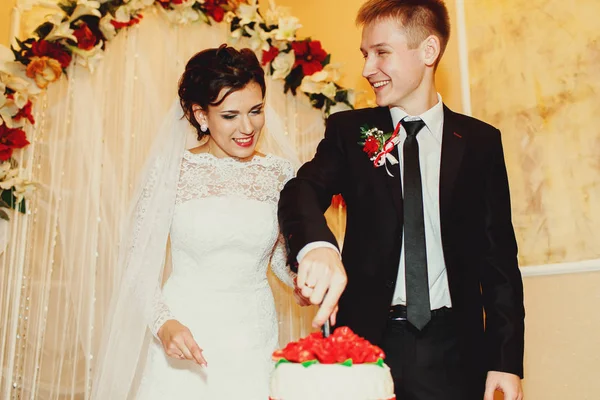 Una pareja de boda sonríe mientras corta un pastel de boda detrás de una —  Fotos de Stock
