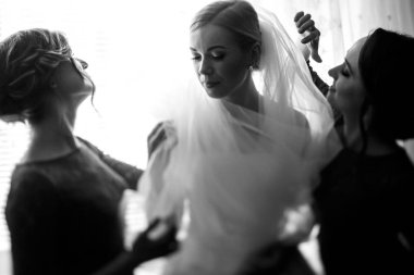 Güzel nedime üzerinde çarpıcı bir gelin duvak ayarlamak 