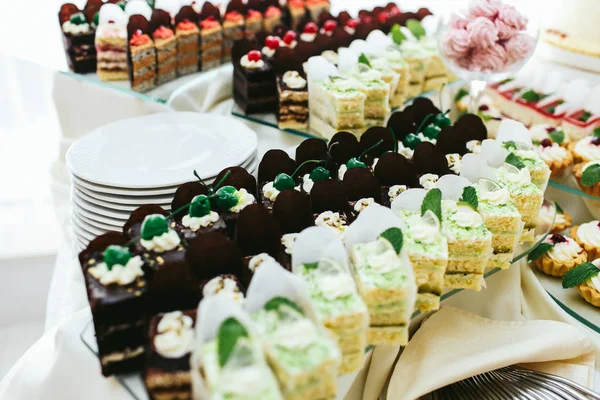 Trozos de pasteles blancos y negros con menta servidos para un dulce bu — Foto de Stock