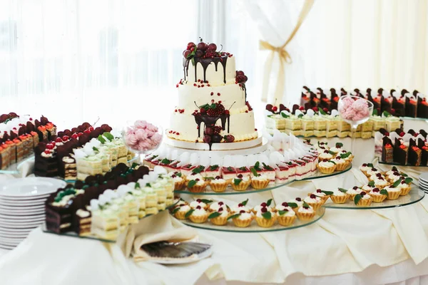 Un gran buffet con rico y sabroso puesto de pastelería detrás de un gran bri — Foto de Stock