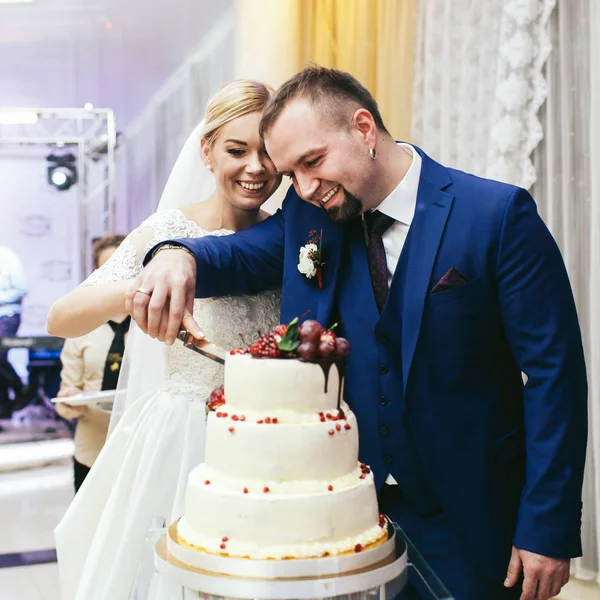 Groom parece curioso tentando cortar um bolo de casamento, juntamente com um — Fotografia de Stock