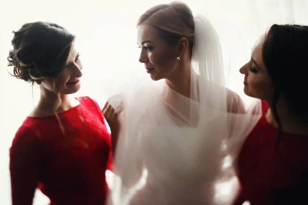 Novia disfruta de un momento con damas de honor vestidas de rojo — Foto de Stock