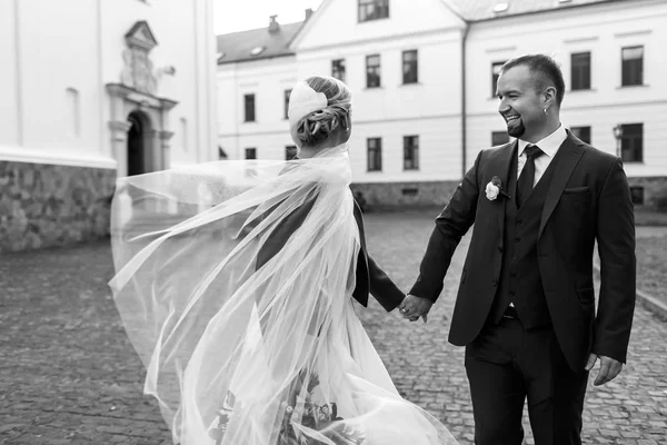 Véu envolve uma noiva bonita, enquanto ela segura a mão do noivo — Fotografia de Stock