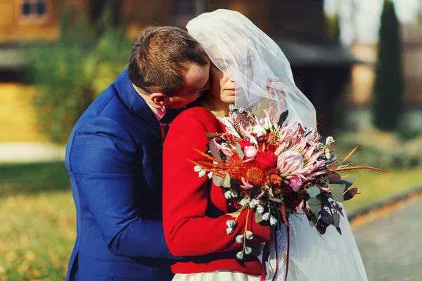 Sposo baci un collo di bella sposa nascosto sotto un velo — Foto Stock