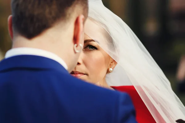Una vista dalla schiena dello sposo a una sposa grogeous guardando seriamente — Foto Stock