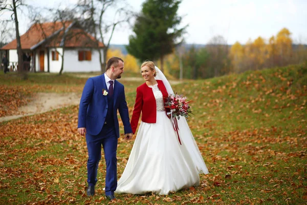 Menyasszony és a vőlegény mosoly összetartja a kezét, és séta a — Stock Fotó