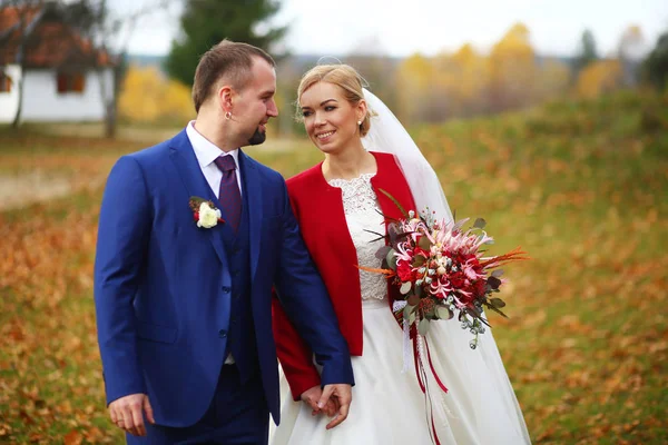 Menyasszony és a vőlegény tartsa a kezét közben egy sétát a — Stock Fotó